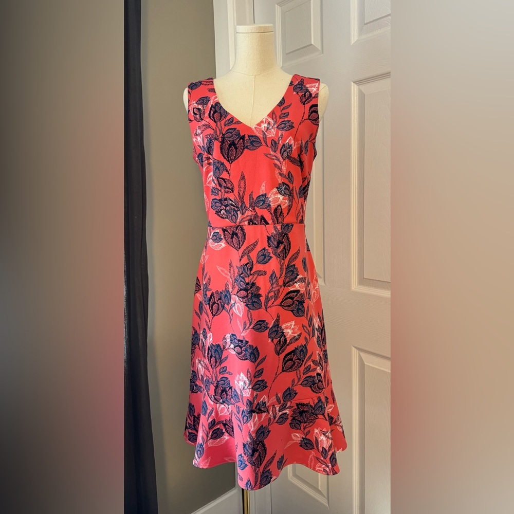 Banana Republic Coral Floral Chiffon Sleeveless V-Neck Flounce Dress Size 6